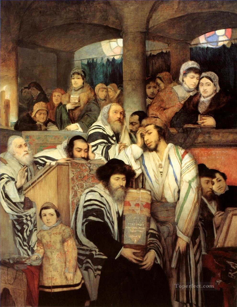 Maurycy Gottlieb Jews Praying in the Synagogue on Yom Kippur Jewish Oil Paintings